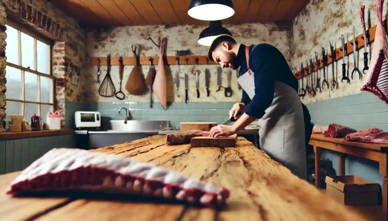 Skilled butcher processing wild game meat in a rustic workshop.