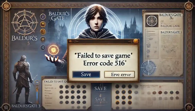 Screenshot from Baldur's Gate 3 showing 'Failed to Save Game Error Code 516' message with a fantasy-themed game interface.