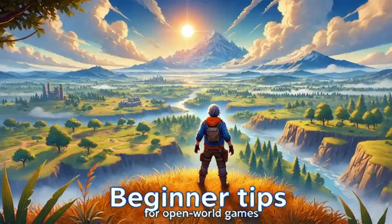 Character overlooking vast open-world landscape with mountains, forests, and rivers, symbolizing adventure in beginner tips for open-world games.